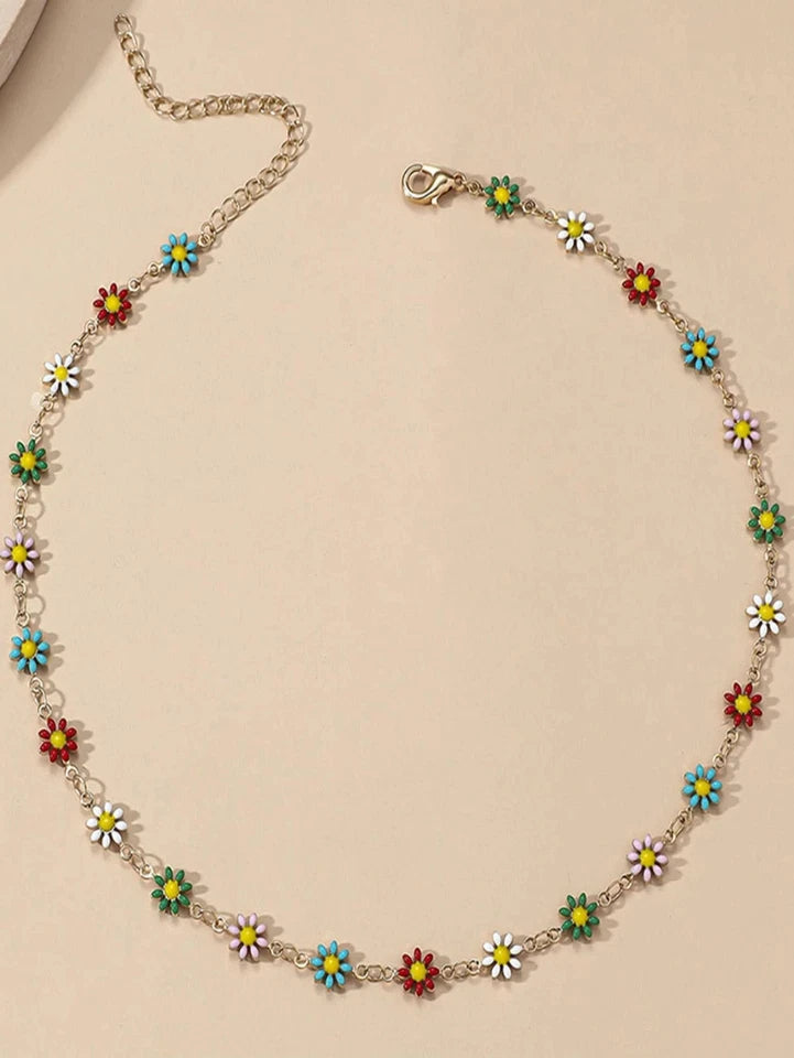 New Colorful Daisy Necklace Bracelet Set Butterfly Floral Beaded Jewelry Women