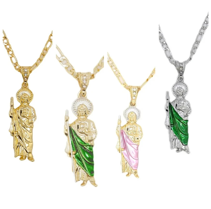 1pc Saint Jude Necklace Gold Plated San Judas Pendant Figaro Chain - NEW
